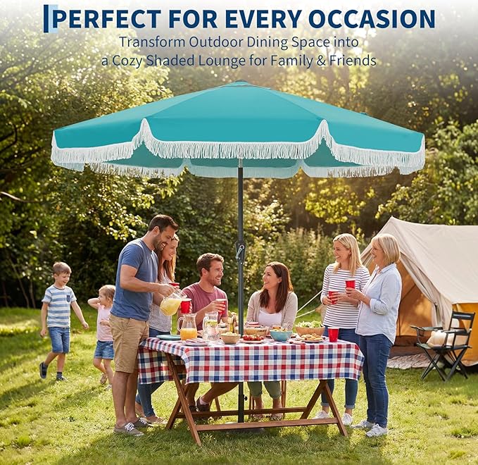 PeakPursuit 9 ft Patio Umbrella with Fringe, Tassel Outdoor Beach Umbrella for Sand with Push Button Tilt, 8 Fiberglass Ribs, UV 50+ Sun Protection for Garden, Pool, Backyard, Deck