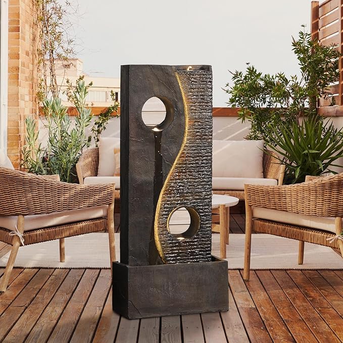 Tankana 47 inches Outdoor Water Fountain Garden Waterfall Indoor Large Water Feature Freestanding Fountains with LED Strips, Three spouts for Patio Backyard Deck Porch Home Decor, Dark Gray