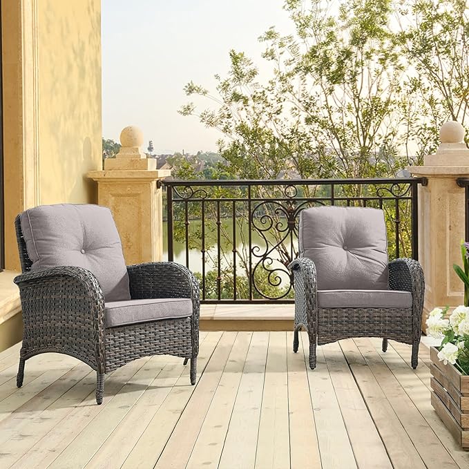 HUMMUH Outdoor Wicker Chairs Patio Dining Chairs Set of 2 with High Back and Deep Seat for Garden,Porch,Backyard,Balcony (Brown/Grey)
