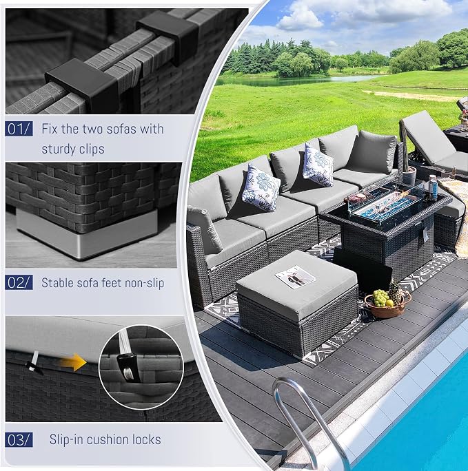 BULEXYARD 9 Pieces Highback Wicker Patio Furniture Set with Firepit, High Weight Capacity Outdoor Sectional Couch Sofa 8-Seater Modular, Plus Comfortable Wide Deep Deck Seating Group, Light Grey