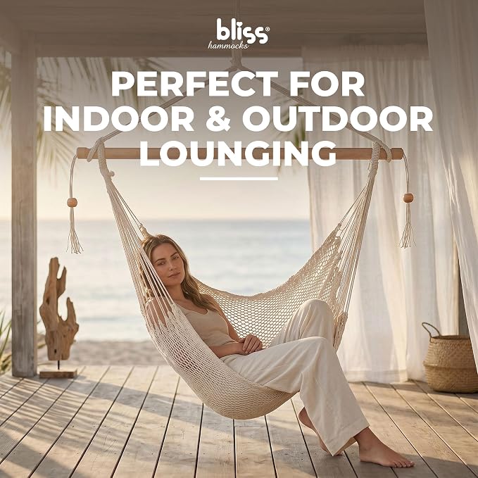 Bliss Hammocks BHC-412NT Island Rope Hammock Chair, Eco Friendly & Hand Woven, Varnish Coated 40 Inch Wood Spreader, Easy to Hang w/Included Hanging Kit, Supports up to 265 pounds, Natural Rope
