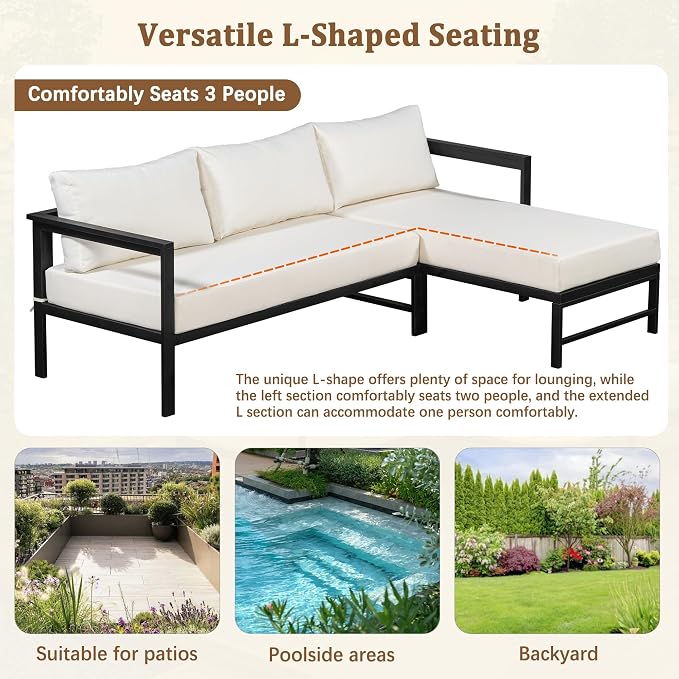 VilroCaz Outdoor L-Shaped Sectional Sofa with 5.9'' Ultra-Thick Cushions, All Weather Patio Conversation Set with Iron Frame for Balcony Garden (Beige-3.24)