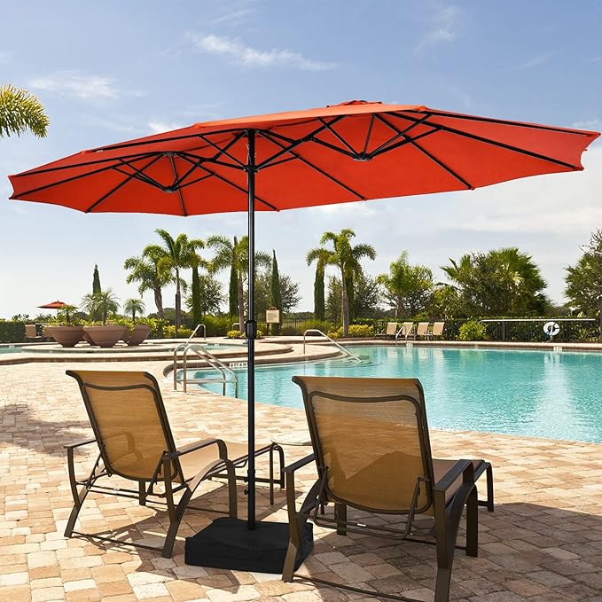 Tangkula 15FT Double-Sided Patio Umbrella with Base, Extra-Large Market Umbrella W/Crank System, Outdoor Twin Umbrella W/ 12-Rib Metal Structure & Air Vents for Garden, Backyard, Poolside (Orange)