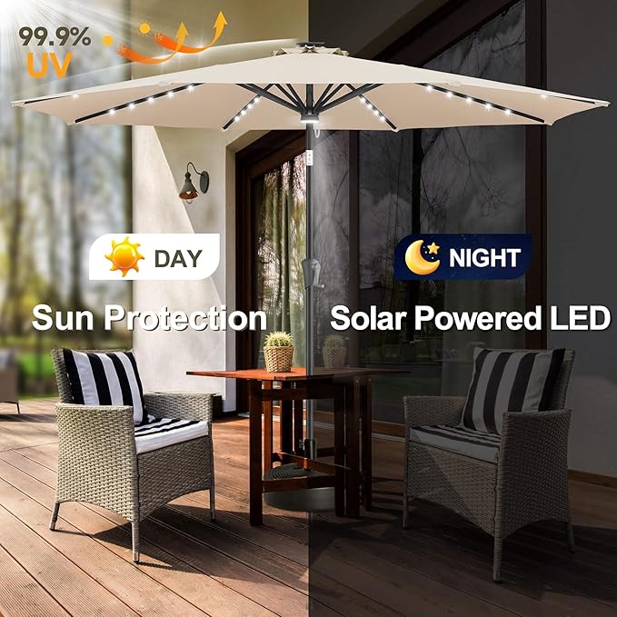 FLAME&SHADE 9 FT outdoor umbrella with 40LED lights, solar light patio umbrella with Centre Surround Light, Table Market Umbrella Outdoor Patiofor Deck, Pool, Backyard, Garden (Beige)
