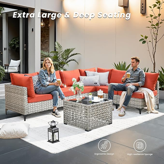 Outdoor Patio Furniture Sets,7 PCS Patio Conversation Set Outside Rattan Sectional Sofa with Coffee Table Fit Backyard Porch Garden Poolside Balcony