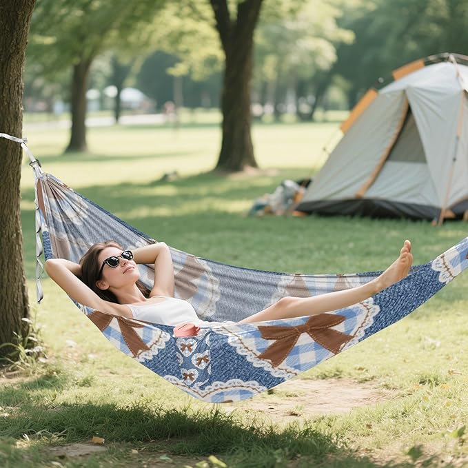 Denim Blue-Brown Bow Heart 330lb Capacity Outdoor Hammocks with Hanging Rope Hanging Hammock for Outside Patio Backyard Poolside capas para la Lluvia