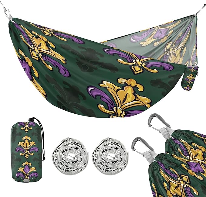 Hammocks for Outside Mardi Gras Fleur De Lis Camping Hammock Portable Hammocks with Tree Straps and Carry Bag Camping Accessories for Hiking Beach Outdoor