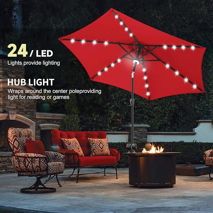 10ft Solar Patio Umbrella - Outdoor Umbrella with Centre Surround Light 24 LED Lights, Market Table Umbrella with Tilt for Pool, Porch, Garden, Deck, Backyard UV Protection (Red)