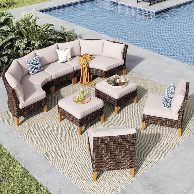 MFSTUDIO 9 Pieces Wicker Patio Furniture Set, All-Weather Rattan Half-Moon Curved Outdoor Sectional Sofa for Garden, Backyard, 4 x Curved Couch, 3 x Armless Sofa, 2 x Ottomans