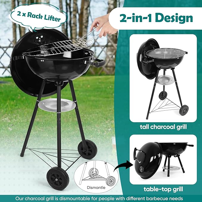 HaSteeL 18 Inch Charcoal Grill, Black Kettle Outdoor Barbecue Grill, 2-In-1 Portable BBQ Grill with Wheels for Camping Backyard Patio Picnic, Porcelain-Enameled Lid & Fire Bowl, 254.SQ.IN Cooking Area