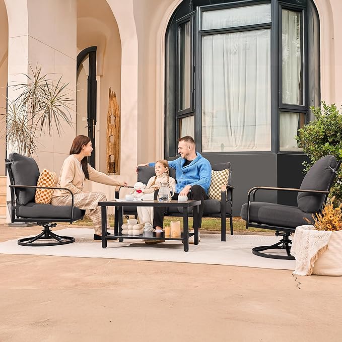 NATURAL EXPRESSIONS Patio Furniture Sets,4 Pieces Metal Outdoor Conversation Sofa Set with High Back Swivel Rocking Chairs with Anti-Scald Armrest,Double-Deck Wooden-Grain Table,6" Cushions for Yard