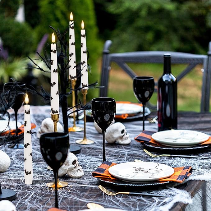 Halloween Taper Candles with Bats, 9.6”Real Wax Flameless Taper Candles with Remote & Timer, 3 Pack Battery Operated Halloween Led Candlesticks for Party Home Decor