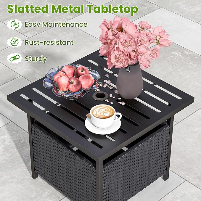 Patio Side Table with Umbrella Hole, 22" Rattan Wicker Umbrella Stand Table, Outdoor End Table for Patio, Garden, Poolside & Yard (Black)