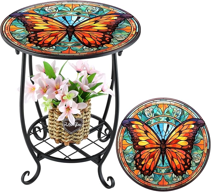 Cinnvoice Outdoor Side Table Round Small Mosaic Patio Accent Indoor End Plant Coffee Tea Table for Yard Patio Porch Garden Living Room, Bedroom(Butterfly B Style,18 Inch)