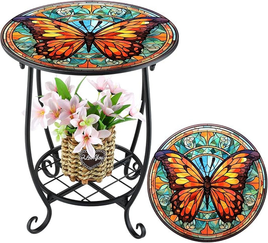 Cinnvoice Outdoor Side Table Round Small Mosaic Patio Accent Indoor End Plant Coffee Tea Table for Yard Patio Porch Garden Living Room, Bedroom(Butterfly B Style,18 Inch)