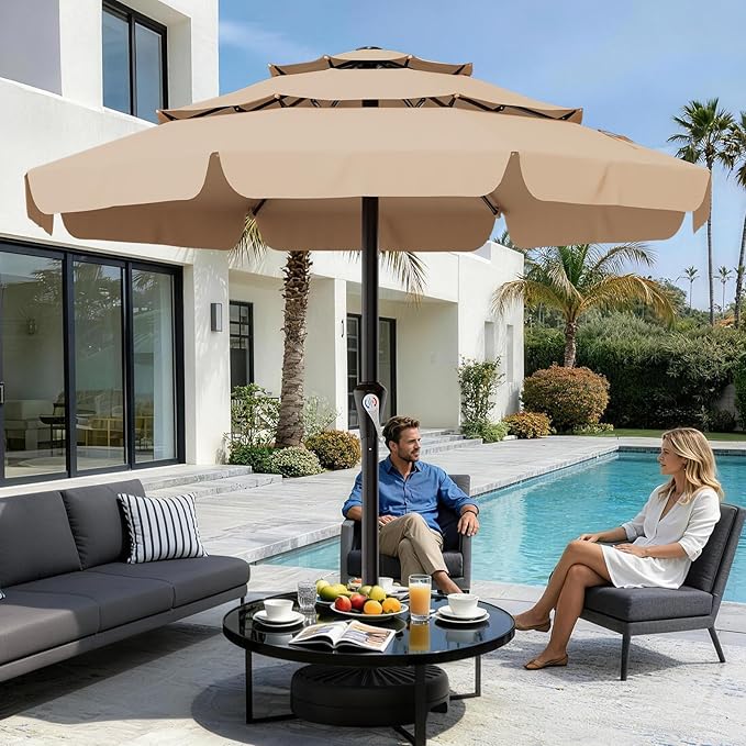 AreShark 11FT 3-Tiers Patio Umbrella with Valance, Outdoor with Crank, Large Outdoor Market Umbrellas Vented with 8 Sturdy Ribs, Patio Table Umbrellas for Garden, Deck, Backyard, Pool, Beige