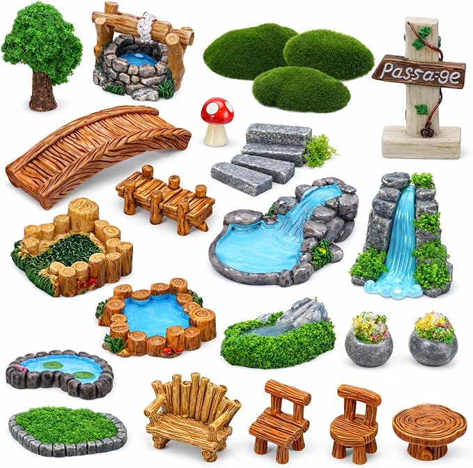 Mini Fairy Garden Accessories, Miniature Landscape Decorations Included Mini Bridge Pond Water Well for DIY Craft Lawn Pond Decor