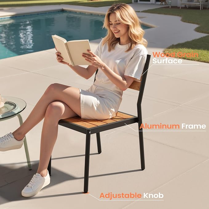 Pellebant Outdoor Dining Set for 8, 9 Pieces Aluminum Patio Table and Stackable Armless Chairs with Umbrella Hole & Wood-Like Top, Brown