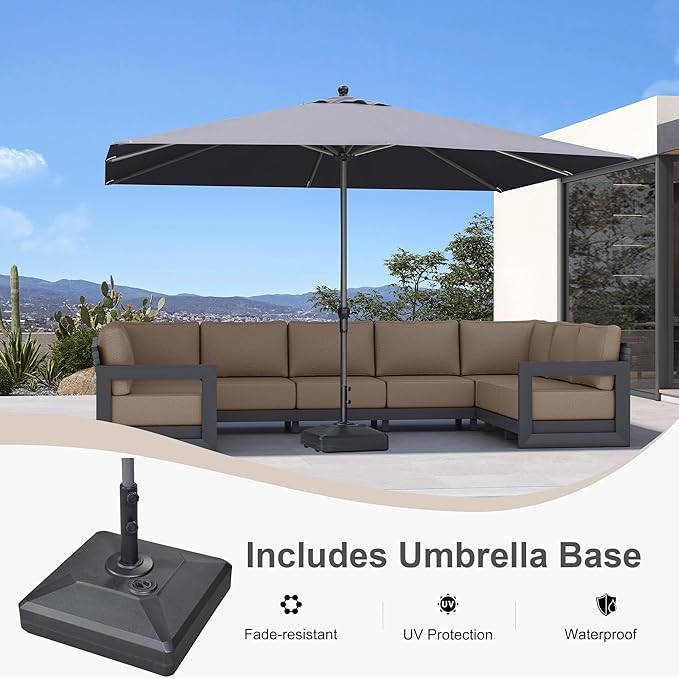 PURPLE LEAF 11.5' x 8' Rectangle Patio Market Umbrella with Base Outdoor Table Umbrellas Aluminum Frame Sun Shade with 8 Sturdy Ribs for Garden Deck Lawn Pool Gray