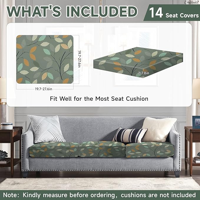 CALBODE 14Pcs Stretch Patio Cushion Cover for Autumn, Couch & Sofa Slipcovers for Patio Furniture Cushions Washable Reusable Couch Covers Replacement Fall Home Decor (Green Leaf Printed, Cover Only)