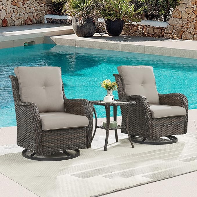 Outdoor Patio Swivel Rocker Chairs - 3 Piece Patio Bistro Set, Wicker Patio Furniture Set with 2 Swivel Rocking Chairs and 1 Glass Top Side Table for Deck Porch Garden, Brown/Grey