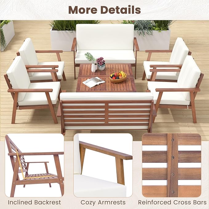 Tangkula 4 Piece Outdoor Conversation Set, Acacia Wood Sofa Set with Soft Seat & Back Cushions, Rectangle Coffee Table Patio Wood Furniture Set for Backyard, Poolside, Garden (2, Off White)