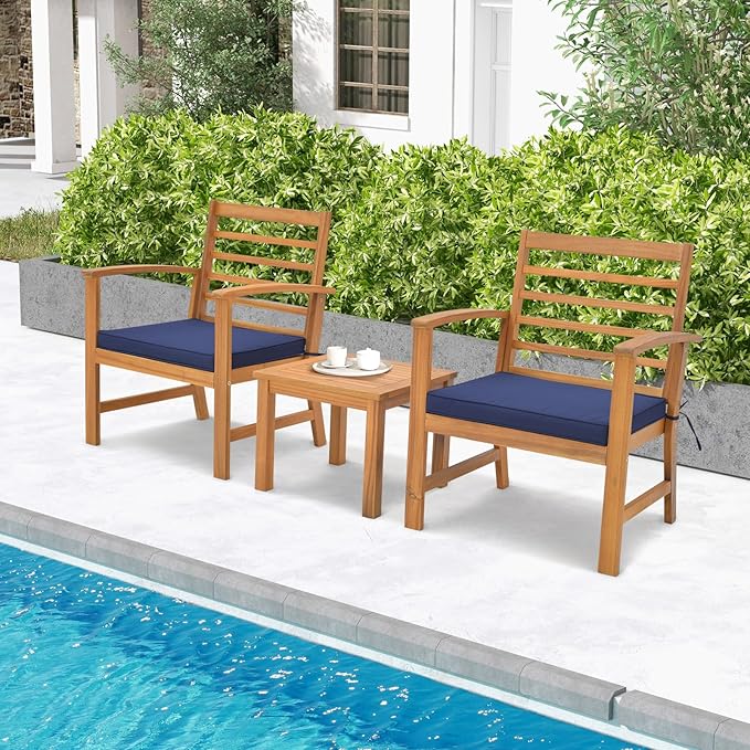 Tangkula 3 Pieces Outdoor Furniture Set, Acacia Wood Conversation Set with Soft Seat Cushions, Stable Acacia Wood Frame, Patio Sofa & Coffee Table Set for Backyard, Porch, Poolside (Navy)