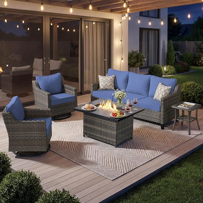 Luxury Patio Furniture Fire Pit Table Set - 5 Pieces All Weather Wicker Outdoor Couch and High Back Swivel Rocker Patio Chairs with fire pit for Deck Yard and Poolside Gray Wicker | Blue Cushions