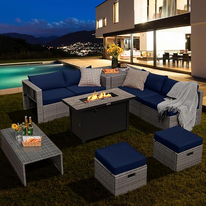 Tangkula 9 PCS Patio Furniture Set with 42” 60,000 BTU Fire Pit, Outdoor Space-Saving Sectional Sofa Set with Storage Box, Waterproof Covers Included (Navy)