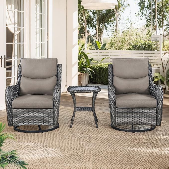 Patio Swivel Chairs with Smile-Shaped Cushions, 3 Piece High Back Patio Swivel Glider Chairs with Side Table 3PCS PE Rattan Luxury Swivel Patio Chair Set | Grey Wicker - Grey Cushions