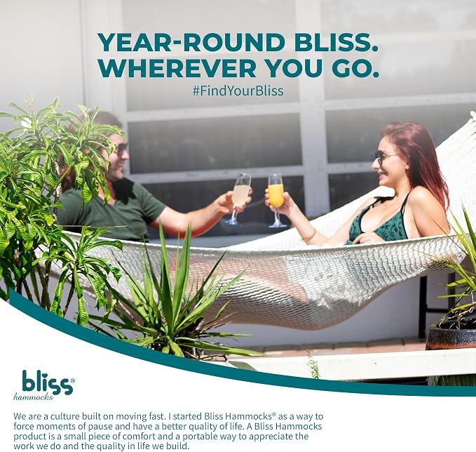 Bliss Hammocks BH-415 2-Person Weekender 12’ Long Deluxe Rope Hammock, 4 mm Thick Handwoven Polyester Rope, Patio Yard Poolside Outdoor Hammock, 55-Inch Spreader Bar Supports up to 450 lbs, Natural