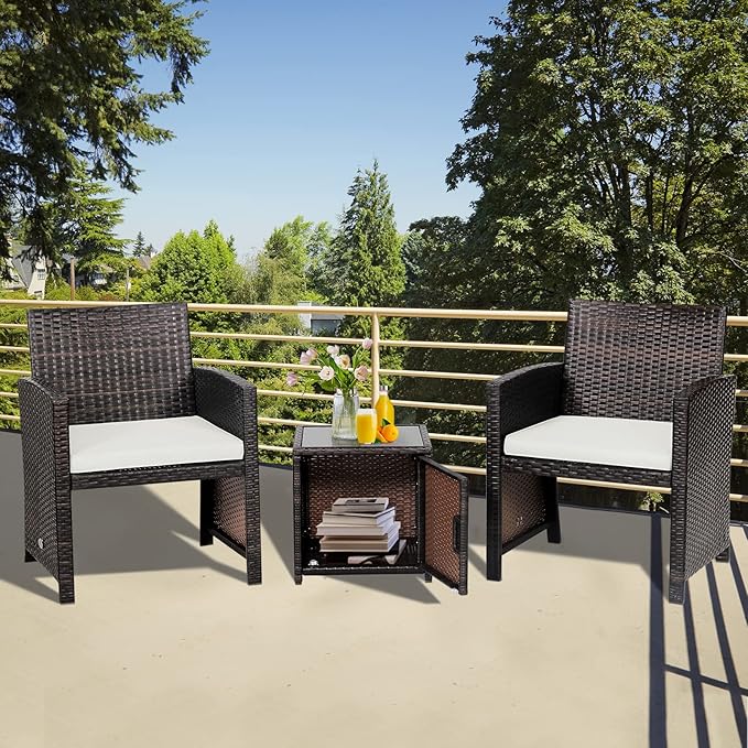 Tangkula 3 Pieces Outdoor Wicker Conversation Set with Waterproof Cover, 2 Patio PE Rattan Cushioned Chairs with Side Storage Table, Suitable for Front Porch, Balcony, Garden, Poolside (White)
