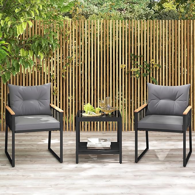 HAPPYGRILL 3 Pieces Patio Furniture Set PE Rattan Wicker Chairs with 2 Tier Coffee Table, Soft Back and Seat Cushions, Outdoor Conversation Set for Backyard, Garden and Poolside