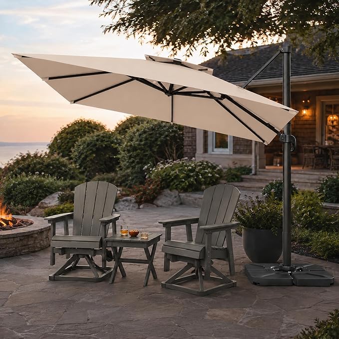 10FT Cantilever Patio Umbrella with Solar Lights, Large Outdoor 2 Tier Aluminum Offset Square Umbrellas 360 Degree Rotation for Garden Deck Pool