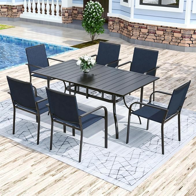 Anmutig 7-Piece Patio Dining Set, Outdoor Furniture Set of 6 Navy Stackable Dining Chairs and Rectangular Metal Table with Umbrella Hole for Outdoor Kitchen Lawn Garden,Bistro,Deck, Navy