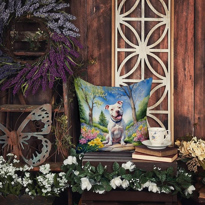 Caroline's Treasures Pit Bull Terrier Spring Path Throw Pillow Machine Washable, Indoor Outdoor Decorative Pillow for Couch, Bed or Patio, 18Hx18W