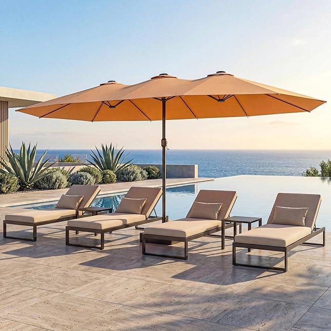 EO Living 15ft Large Patio Umbrella, Double-Sided Rectangle Outdoor Umbrella with Base Included, Table Umbrella for Poolside Deck Market (Beige)