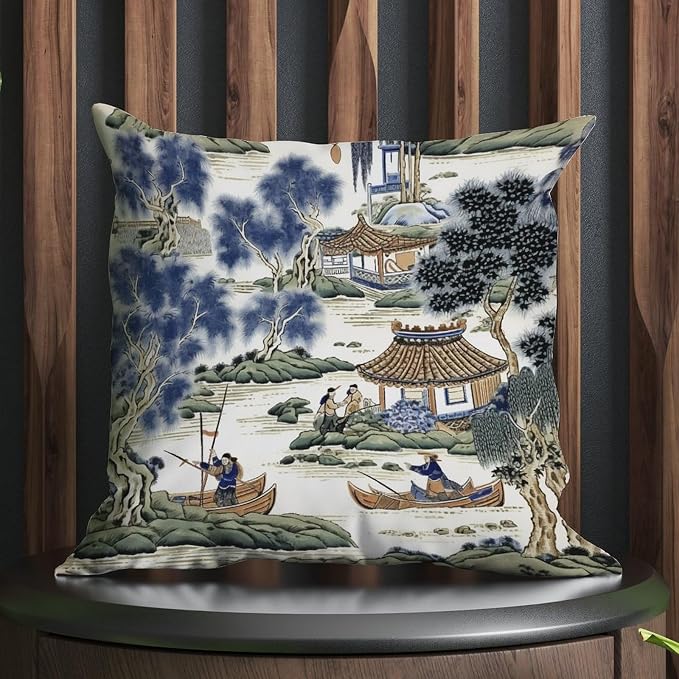 Asian Scenic Cushion Cases Blue and Green Chinoiserie Throw Pillow Cover Modern Throw Pillow Covers Farmhouse Decorative for Patio Furniture Tent Garden 16x16 in