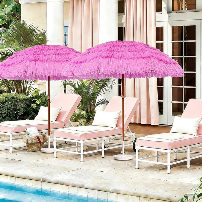 AMMSUN 7.5ft Hula Thatched Tiki Patio Beach Umbrella Hawaiian Style 10 Ribs UPF 50+ with Tilt Carry Bag for Outdoor Tiki Bar, Tropical Palapa, Patio Garden Beach Pool Backyard Pink