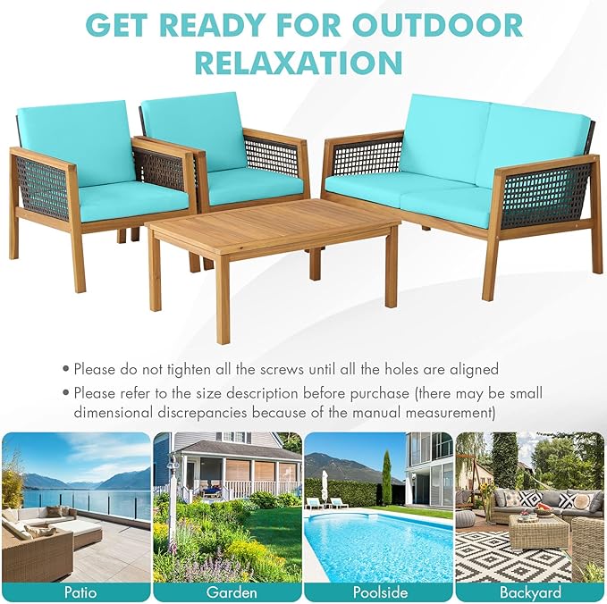 HAPPYGRILL 4 Pieces Patio Conversation Set Acacia Wood Furniture Set with Coffee Table, PE Rattan Wicker Sofa Set with Soft Cushions for Outdoor Garden Deck Poolside