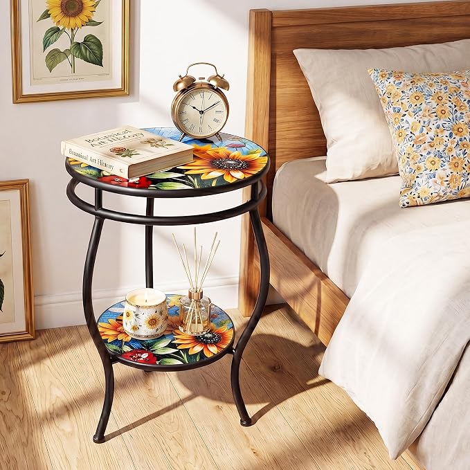 Outdoor Side Table Round with Storage 2-Tier Patio Small Outdoor Table Weather Resistant for Outside Balcony Porch Garden