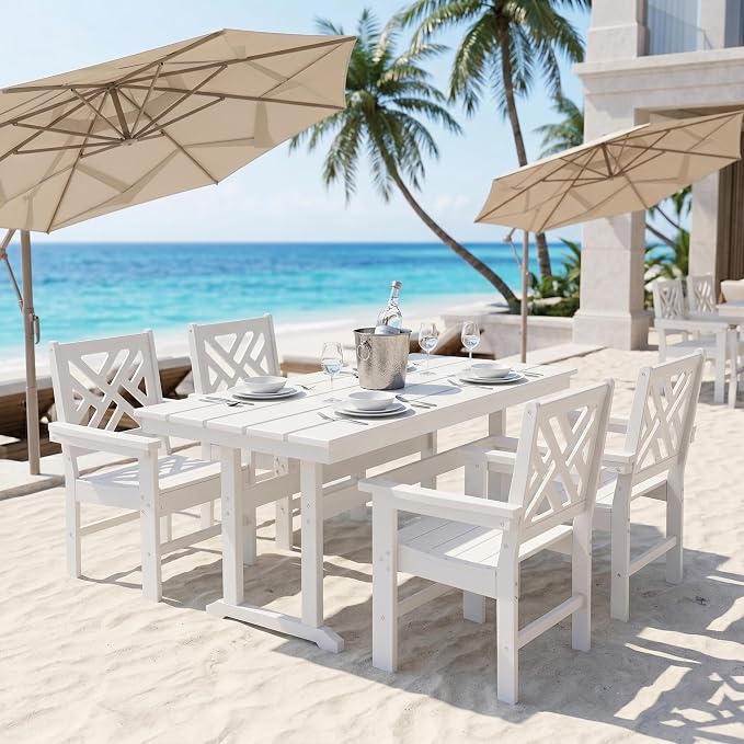 HDPE Dining Table Set for 4,5-Piece Outdoor Table and Chairs Include 4 Dining Chairs and 62.5" Patio Dining Table with Umbrella Hole (White)