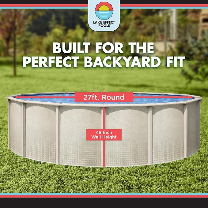 Lake Effect Pools 'Impressions' 27 ft Round Above Ground Swimming Pool Bundle | 48 Inch Height | Steel Sided Walls | Kit Includes: 25 Gauge Liner, A-Frame Ladder, Sand Filter/Pump, & Skimmer