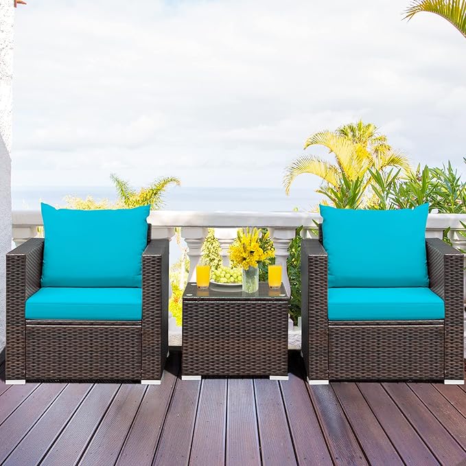 HAPPYGRILL 3 Pieces Patio Furniture Set PE Rattan Wicker Sofa Set with Cushions and Coffee Table Outdoor Patio Conversation Set for Garden Poolside Balcony