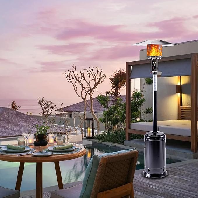 HEXAGO Outdoor Propane Patio Heater, 47,000 BTU Stainless Steel Standing Heater with Wheels, One-Touch Ignition & Adjustable Heat Control, Safety Auto Shut-Off System for Garden, Backyard & Restaurant