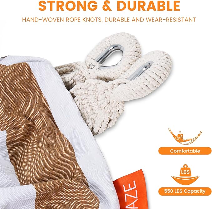 Lazy Daze Hammocks Extra Large Double Hammock, Portable Camping Hammock with Travel Bag & Tree Straps for Outdoor, Camping, Backyard, Patio, 550lbs Capacity, Brown & White