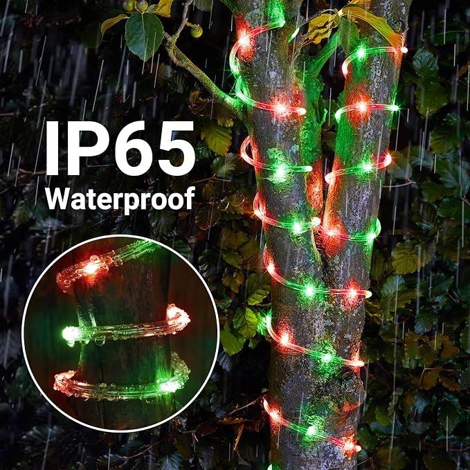 Solar Rope Lights, 2 Pack Total 66ft 200LED Solar String Lights, 8 Modes Waterproof Solar Outdoor Light, Flexible Clear Trampoline Light for Garden Yard Patio Deck Porch Pool Tree Decor - Red & Green