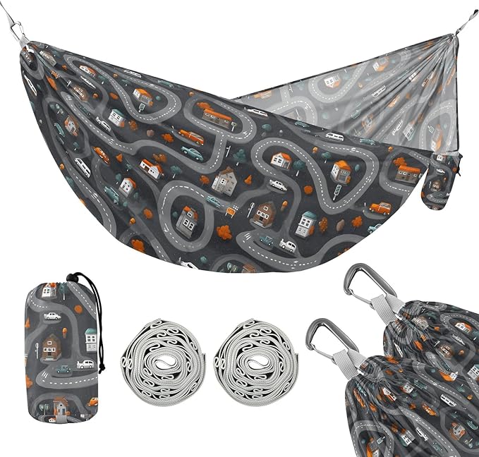 Camping Hammock Outdoor Hammocks for Outside Gray Truck Road Beach Trees Portable Lightweight with Pockets Tree Straps Indoor