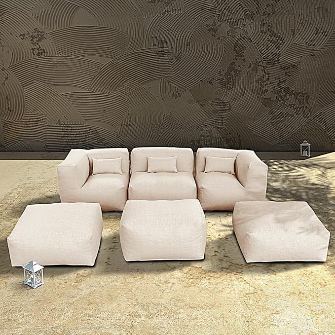 Patio Furniture Set Bean Bag Chairs PortoCervo 6PC Outdoor Chairs Sectional Conversation Patio Set Daybed Furniture Outdoor Sofa Couch High Density Foam Filling Modern Comfy Patio Couch (Light Beige)