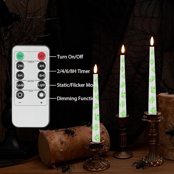 Halloween Flameless Taper Candles with Ghosts Glow in The Dark, Real Wax Battery Operated Candles with Remote, 3 Pack Flickering Halloween Led Candlesticks for Party Home Decor